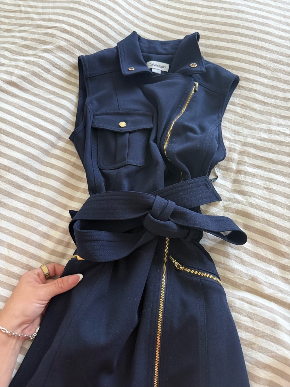 Calvin Klein Navy Sleeveless Belted Zip Romper with Gold Hardware